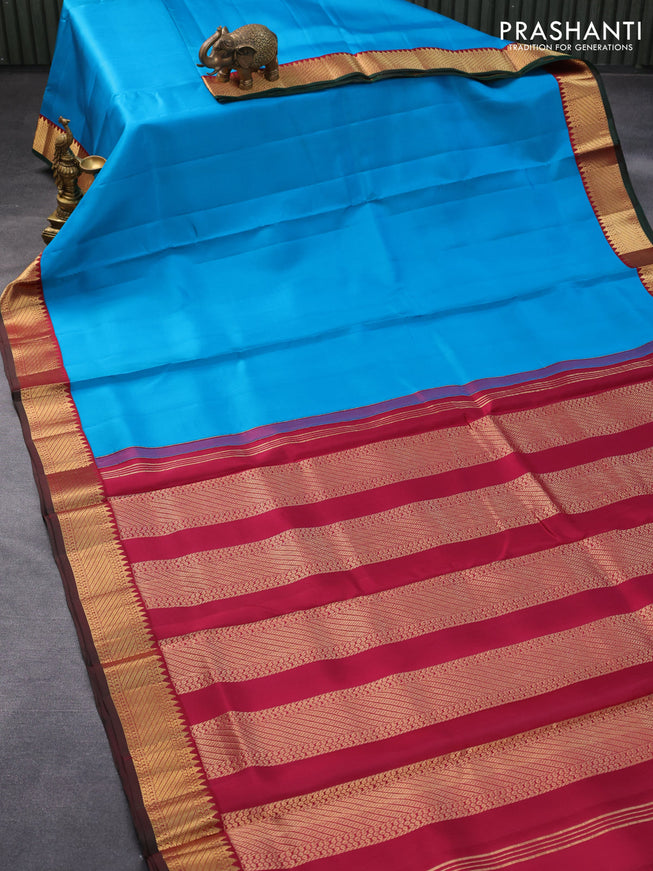 10 yards silk saree cs blue and dark magenta pink with plain body and zari woven border