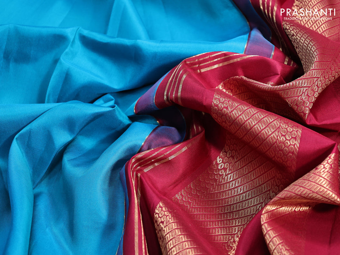 10 yards silk saree cs blue and dark magenta pink with plain body and zari woven border
