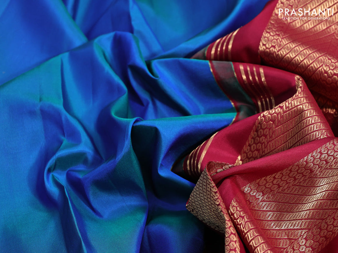 10 yards silk saree dual shade of blue and dark magenta pink with plain body and zari woven border