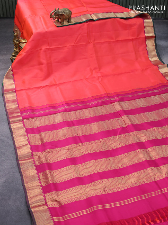 10 yards silk saree peach pink and magenta pink with plain body and zari woven border