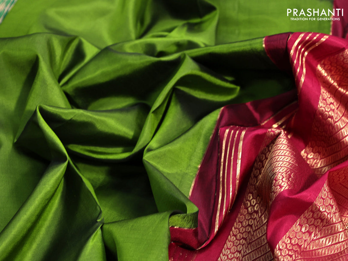 10 yards silk saree mehendi green and dark magenta pink with plain body and zari woven border