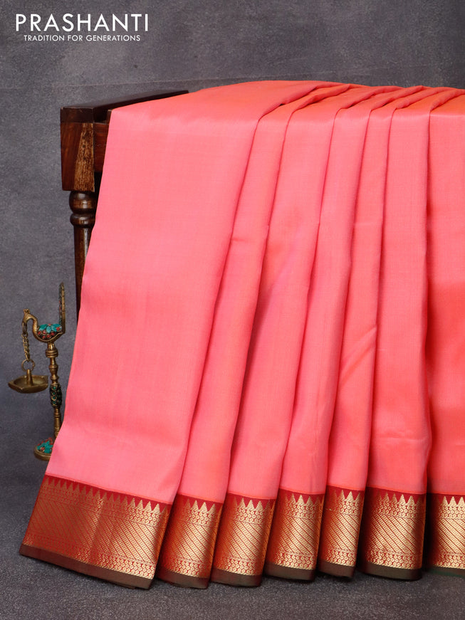 10 yards silk saree pink and marron with plain body and zari woven border