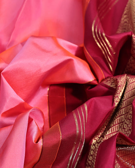10 yards silk saree pink and marron with plain body and zari woven border