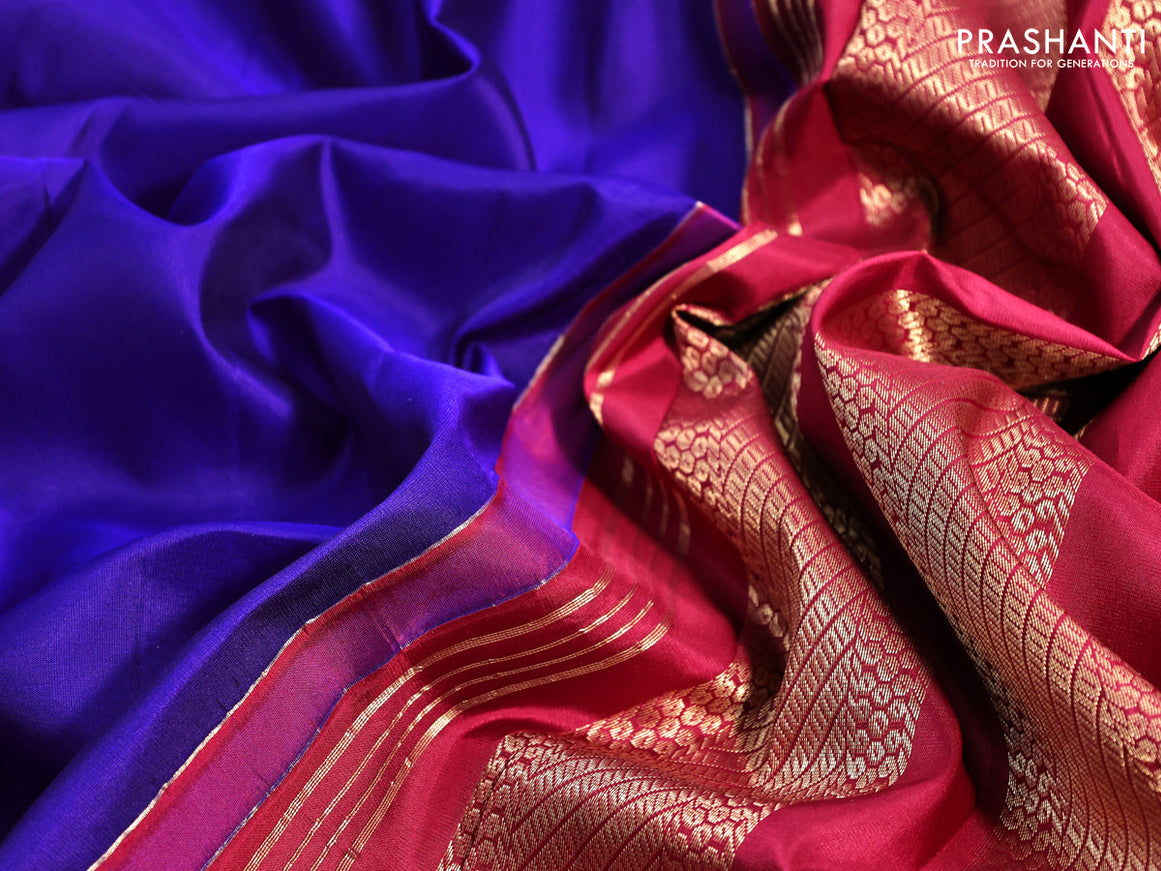10 yards silk saree blue and maroon with plain body and zari woven border