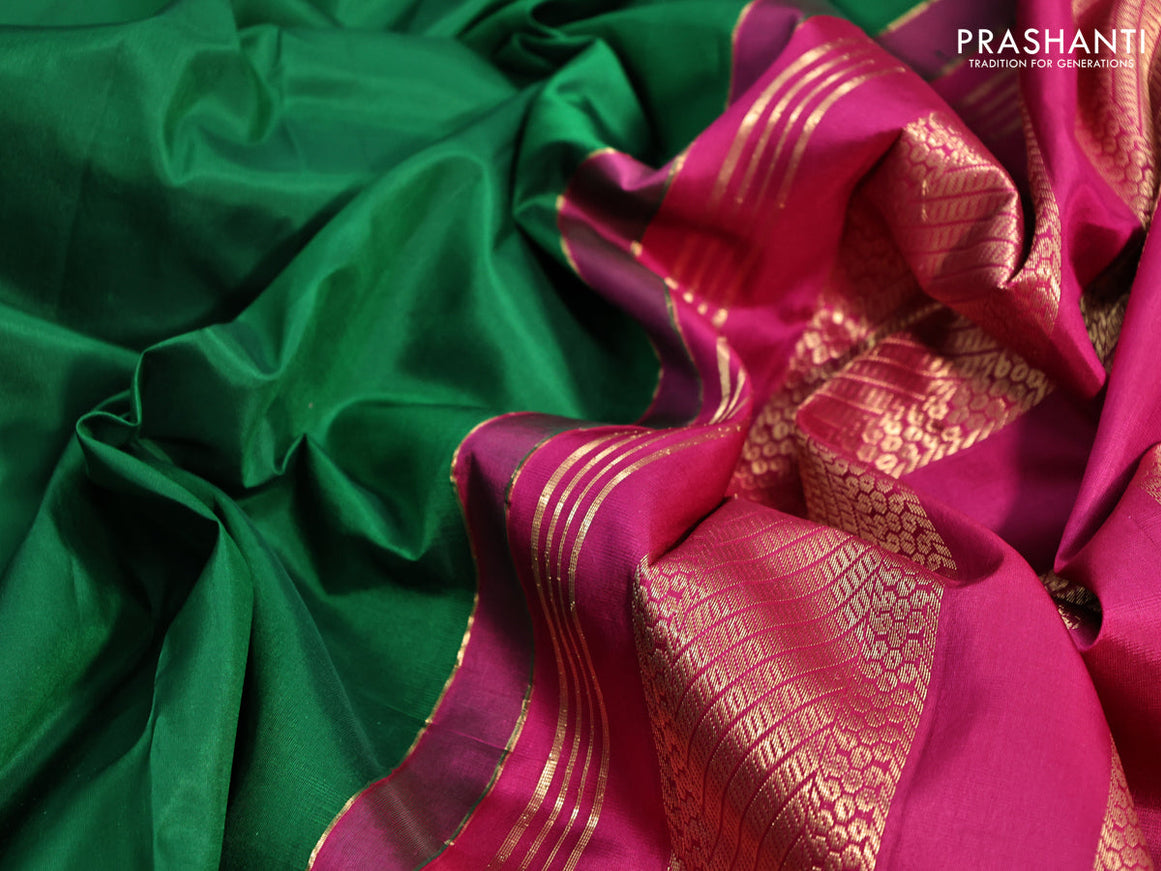 10 yards silk saree green and magenta pinl with plain body and zari woven border