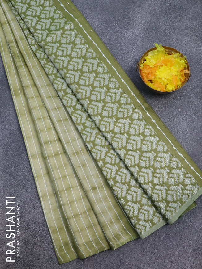 Bamboo silk saree pastel green and sap green with allover tie & dye prints & thread stripe pattern in borderless style