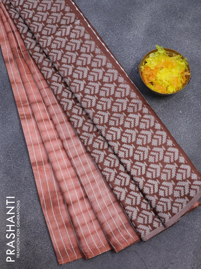 Bamboo silk saree rust shade and brown with allover tie & dye prints & thread stripe pattern in borderless style