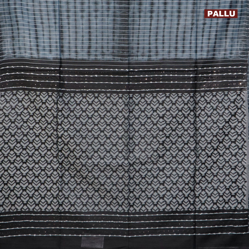 Bamboo silk saree grey and black with allover tie & dye prints & thread stripe pattern in borderless style