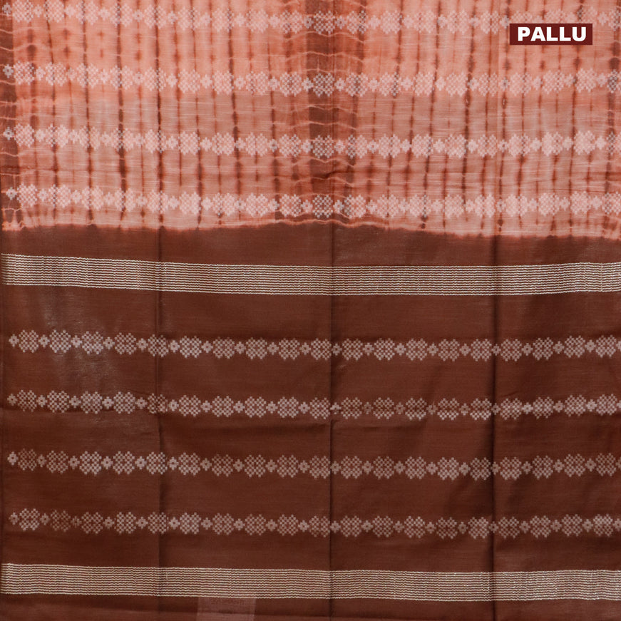 Bamboo silk saree peach shade and brown with allover tie & dye prints & thread weaves in borderless style