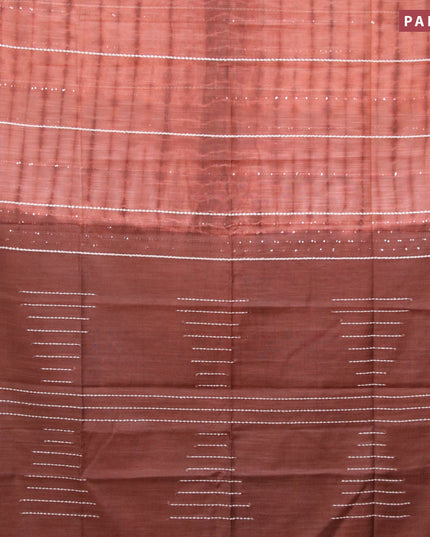 Bamboo silk saree rust shade and brown with allover tie & dye prints & thread stripe sequin work in borderless style