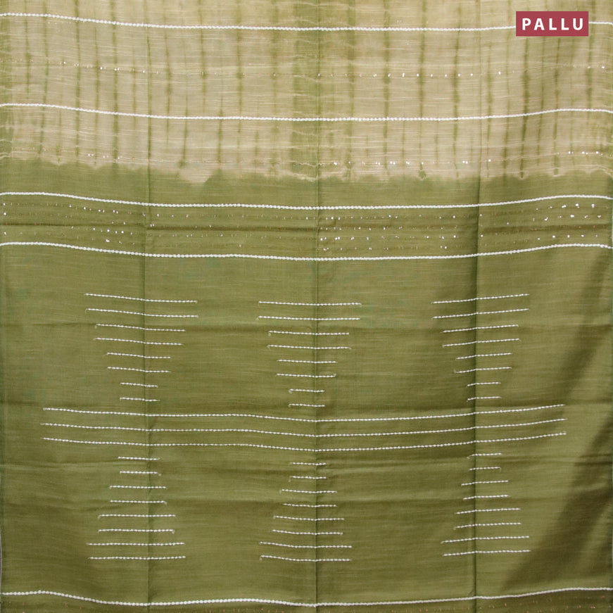 Bamboo silk saree elaichi green and sap green with allover tie & dye prints & thread stripe sequin work in borderless style