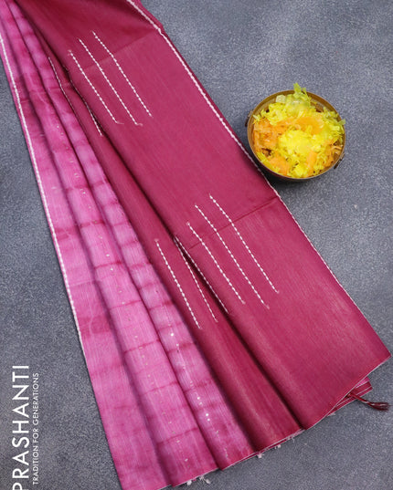 Bamboo silk saree pink and dark magenta with allover tie & dye prints & thread stripe sequin work in borderless style