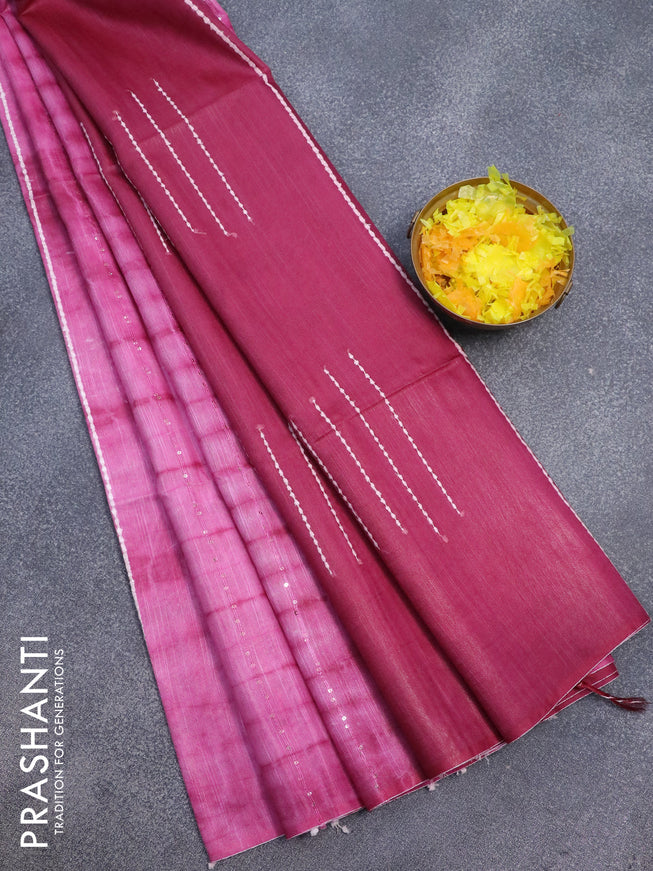 Bamboo silk saree pink and dark magenta with allover tie & dye prints & thread stripe sequin work in borderless style