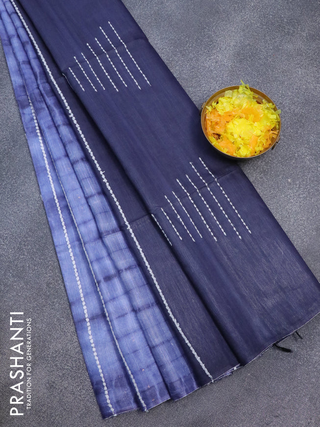 Bamboo silk saree blue shade and navy blue with allover tie & dye prints & thread stripe sequin work in borderless style