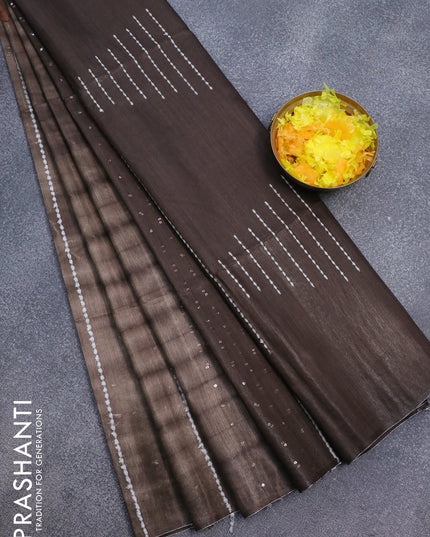 Bamboo silk saree brown shade and dark coffee brown with allover tie & dye prints & thread stripe sequin work in borderless style
