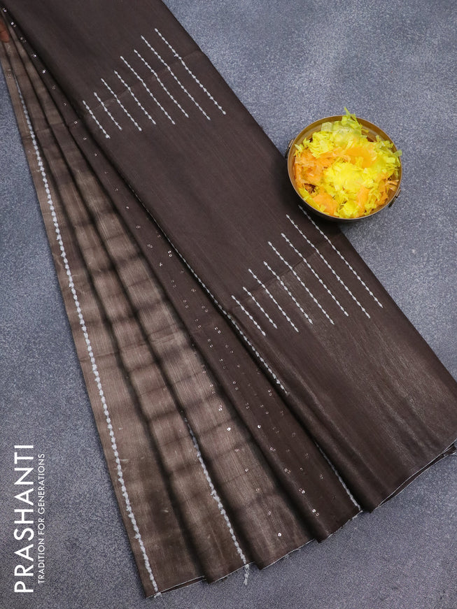 Bamboo silk saree brown shade and dark coffee brown with allover tie & dye prints & thread stripe sequin work in borderless style