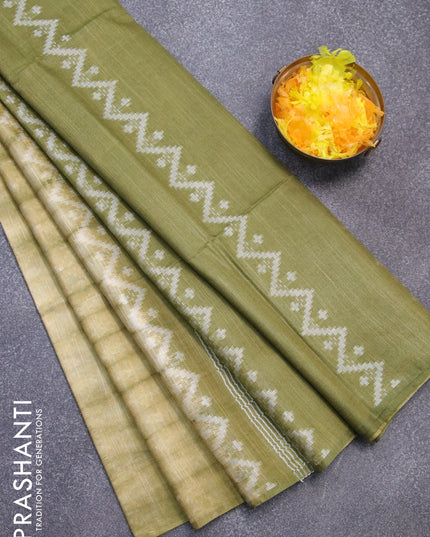 Bamboo silk saree elaichi green and sap green with allover tie & dye prints & thread weaves in borderless style