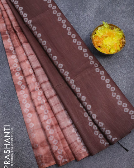 Bamboo silk saree peach shade and brown with allover tie & dye prints & geometric thread weaves in borderless style