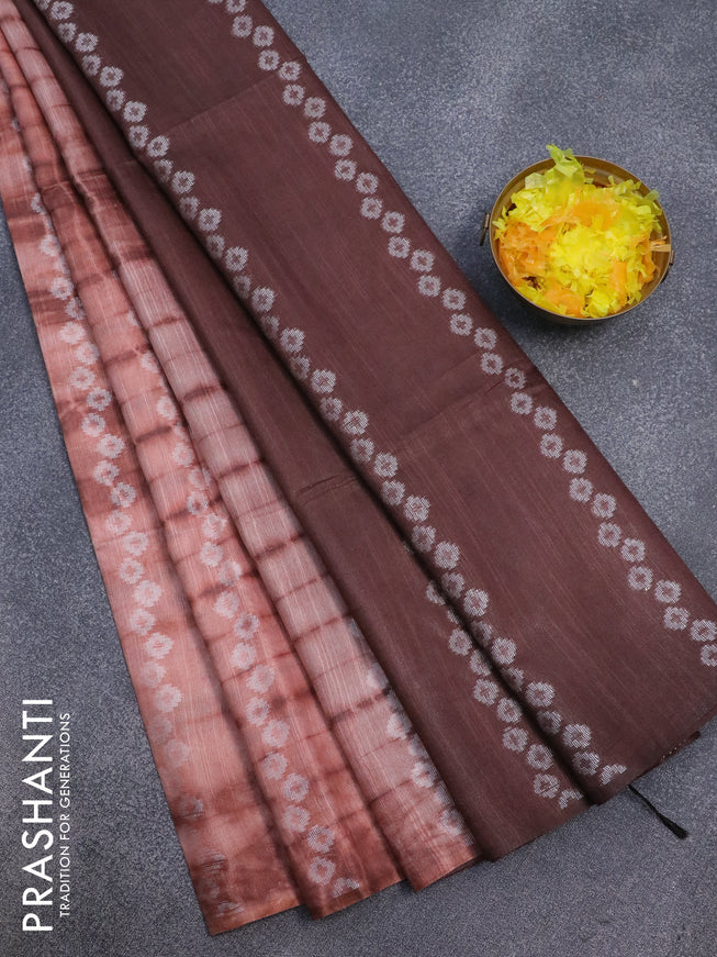Bamboo silk saree peach shade and brown with allover tie & dye prints & geometric thread weaves in borderless style