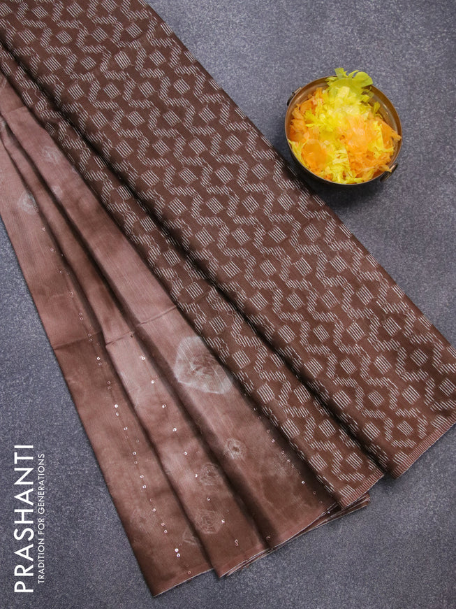 Bamboo silk saree brown shade and coffee brown with allover tie & dye prints & sequin work in borderless style