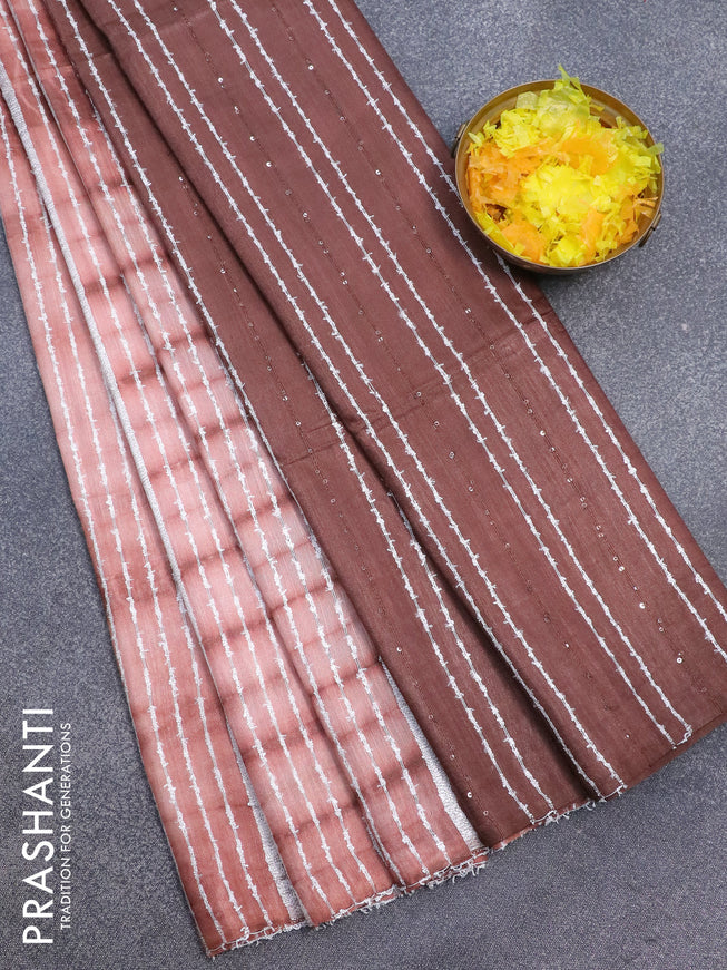 Bamboo silk saree pastel peach and brown with allover tie & dye prints & thread stripe pattern and sequin work pallu