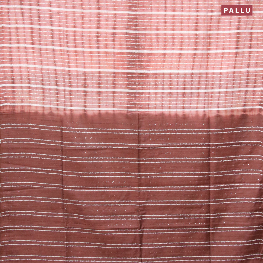 Bamboo silk saree pastel peach and brown with allover tie & dye prints & thread stripe pattern and sequin work pallu