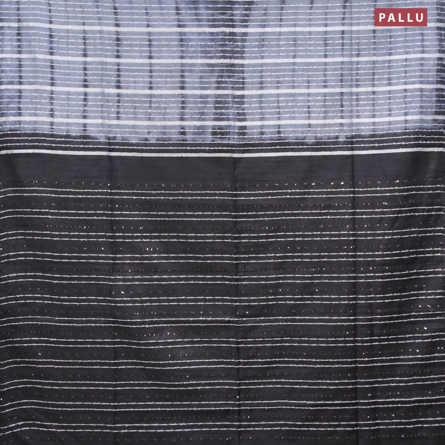 Bamboo silk saree grey and black with allover tie & dye prints & thread stripe pattern and sequin work pallu