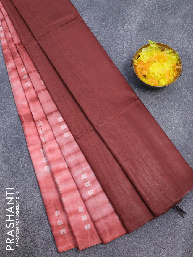Bamboo silk saree peach shade and brown with allover tie & dye prints & thread buttas in borderless style