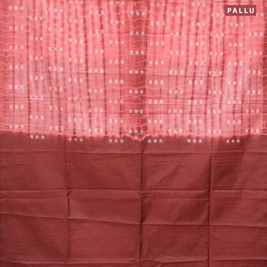 Bamboo silk saree peach shade and brown with allover tie & dye prints & thread buttas in borderless style