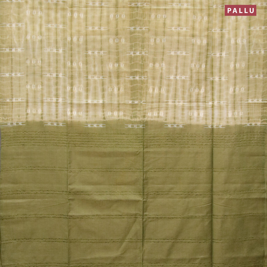 Bamboo silk saree pastel green and sap green with allover tie & dye prints & thread buttas in borderless style