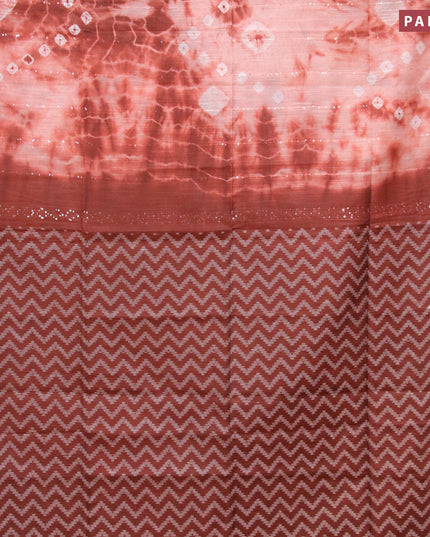 Bamboo silk saree peach shade and brown with allover tie & dye prints & sequin work in borderless style