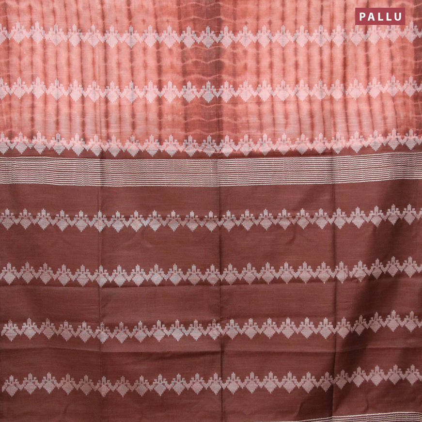 Bamboo silk saree peach shade and rust brown with allover tie & dye prints & thread buttas in borderless style