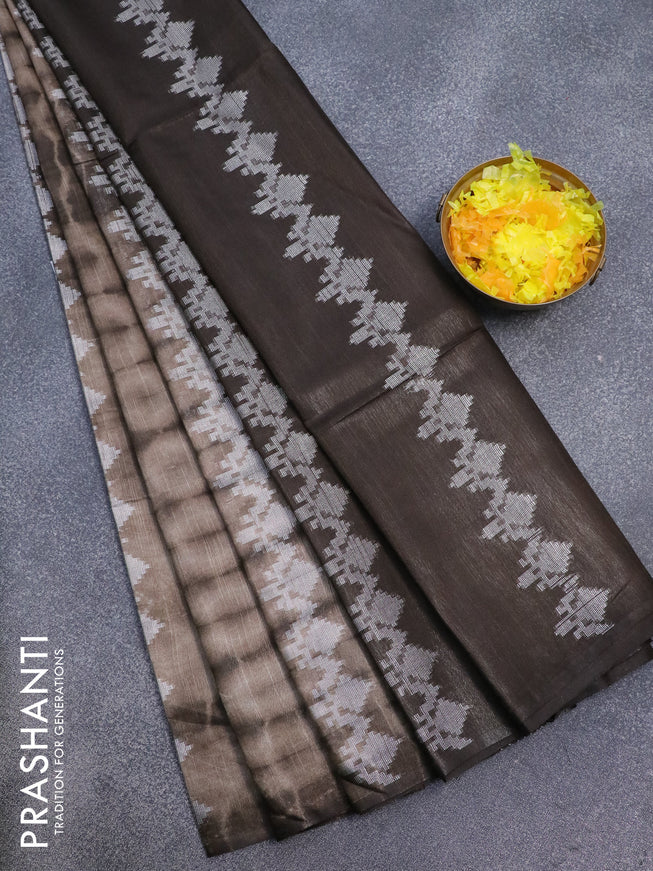 Bamboo silk saree beige and dark coffee brown with allover tie & dye prints & thread buttas in borderless style