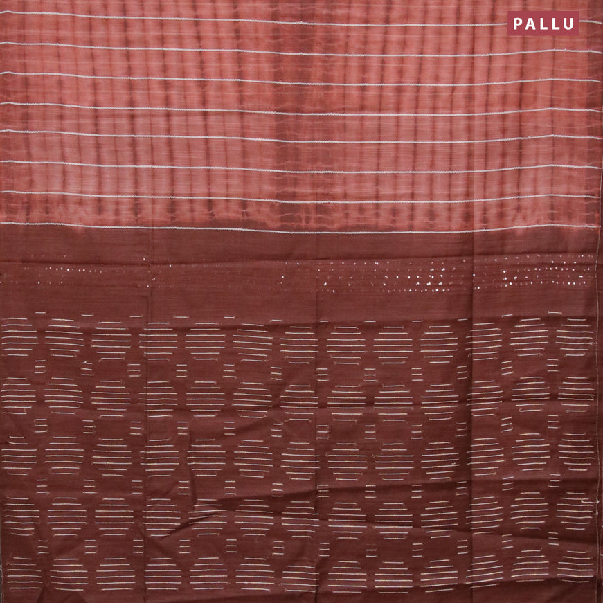 Bamboo silk saree rust shade and brown with allover tie & dye prints & thread stripe pattern and sequin work pallu