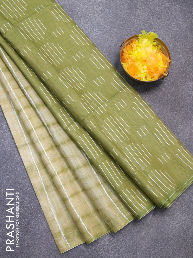 Bamboo silk saree elaichi green and green with allover tie & dye prints & thread stripe pattern and sequin work pallu