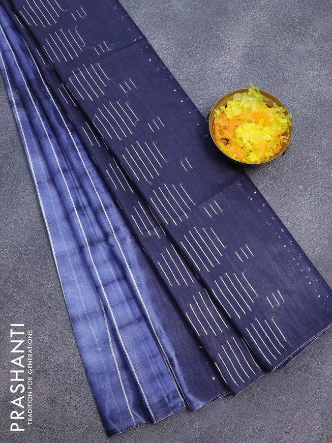 Bamboo silk saree blue shade and navy blue with allover tie & dye prints & thread stripe pattern and sequin work pallu