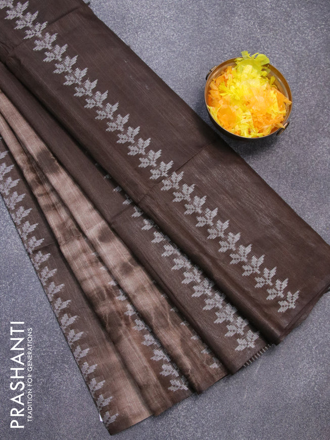 Bamboo silk saree brown shade with allover tie & dye prints & thread buttas in borderless style