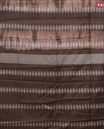 Bamboo silk saree brown shade with allover tie & dye prints & thread buttas in borderless style