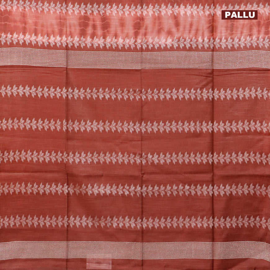 Bamboo silk saree peach shade and rust brown with allover tie & dye prints & thread weaves in borderless style