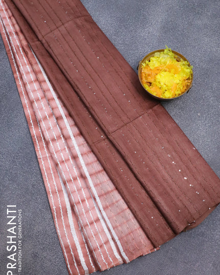 Bamboo silk saree peach shade and brown with allover tie & dye prints & thread stripe pattern in borderless style
