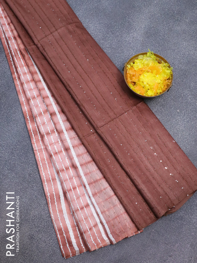 Bamboo silk saree peach shade and brown with allover tie & dye prints & thread stripe pattern in borderless style