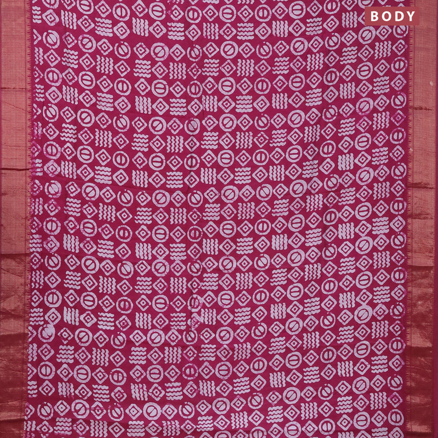 Semi gadwal saree dark magenta pink with allover batik prints and zari woven border
