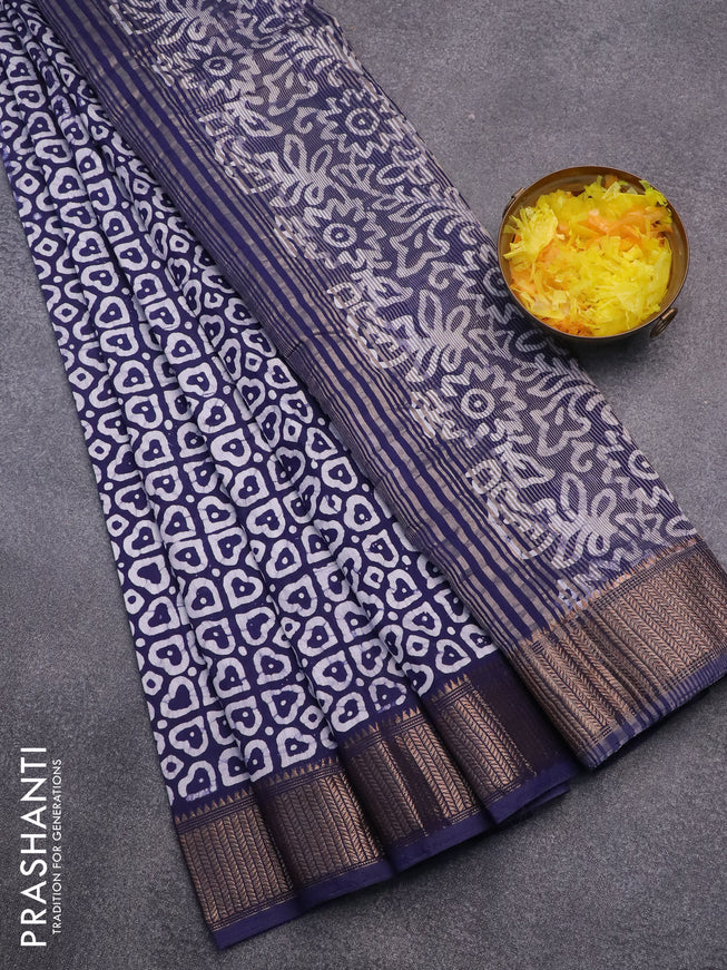 Semi gadwal saree navy blue with allover batik prints and zari woven border