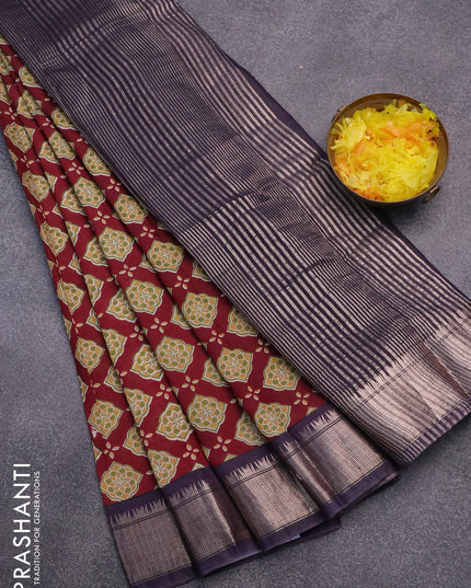 Semi gadwal saree maroon and blue with butta prints and zari woven border