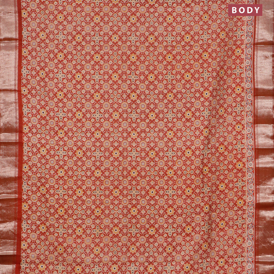 Semi gadwal saree maroon with allover ajrakh prints and zari woven border