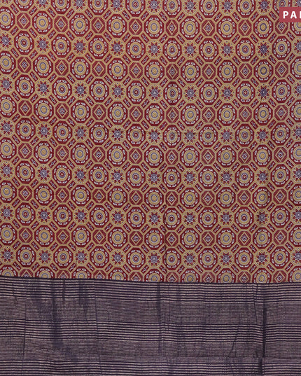 Semi gadwal saree maroon and blue shade with allover ajrakh prints and zari woven border