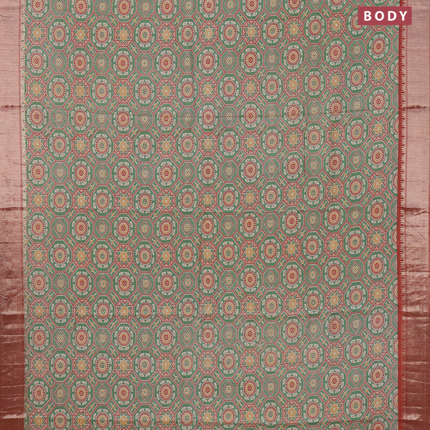 Semi gadwal saree green and maroon shade with allover ajrakh prints and zari woven border