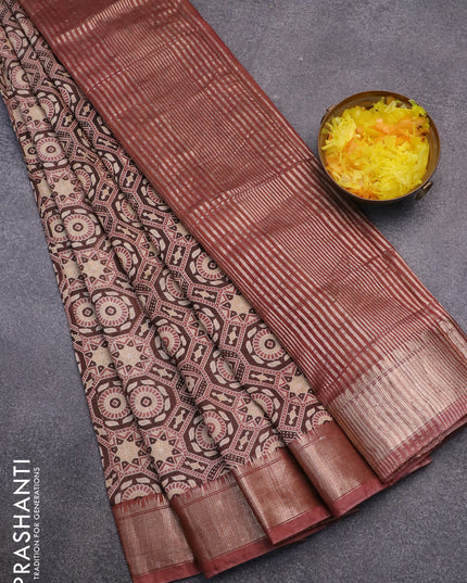 Semi gadwal saree brown and rust shade with allover ajrakh prints and zari woven border