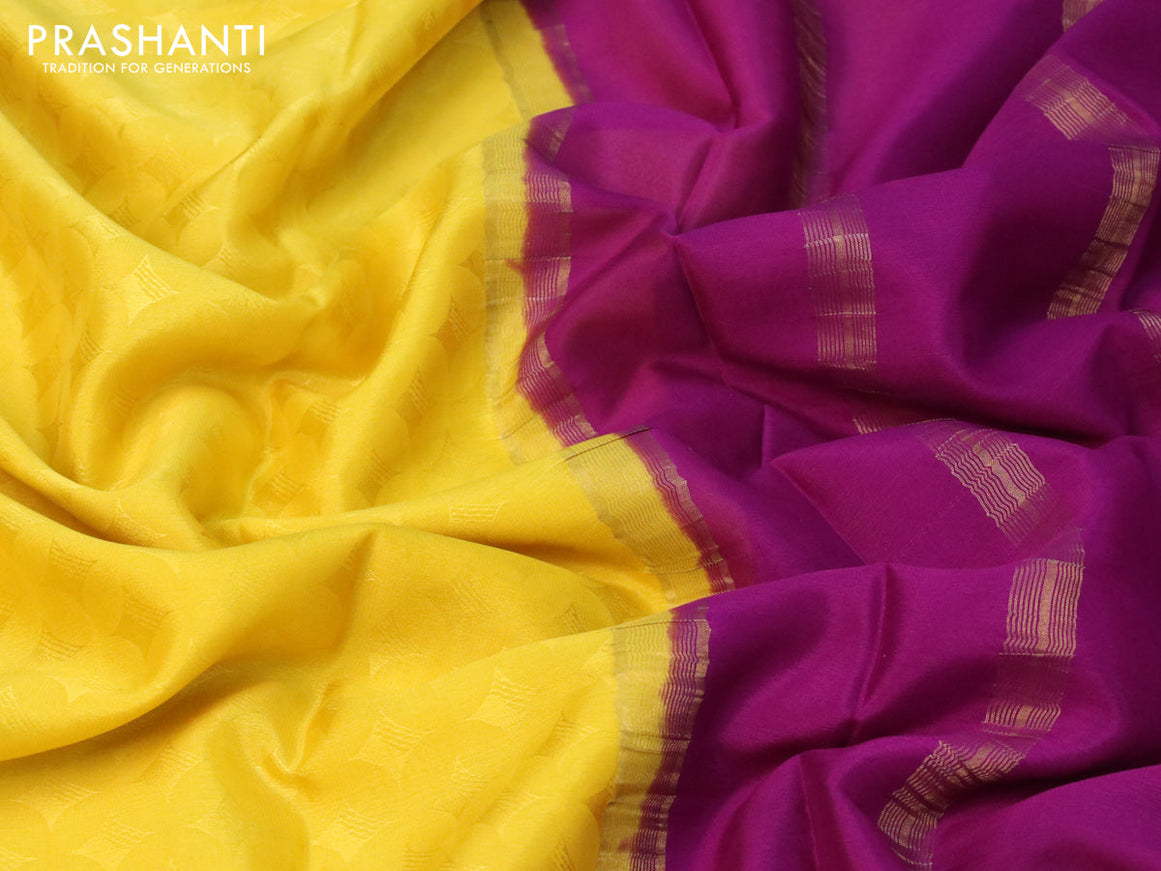 Pure mysore crepe silk saree lime yellow and deep purple with allover self emboss and zari woven border