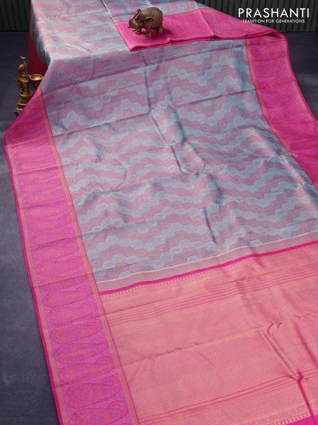 Pure kanjivaram silk saree dual shade of pastel blue and pink with thread & zari woven brocade weaves and rich paisley zari woven border
